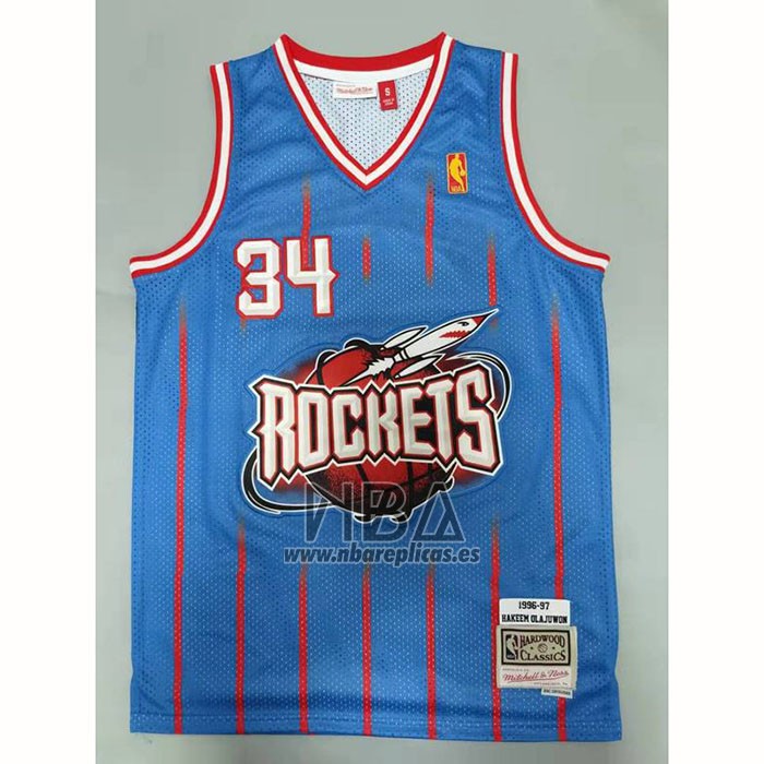 Camiseta Houston Rockets Hakeem Olajuwon NO 34 Mitchell & Ness 1996-97 Azul